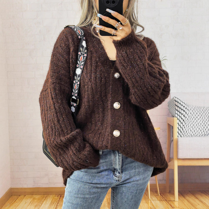 Damen Grobstrickjacke mit modischen Knöpfen und lässigem Schnitt Drune