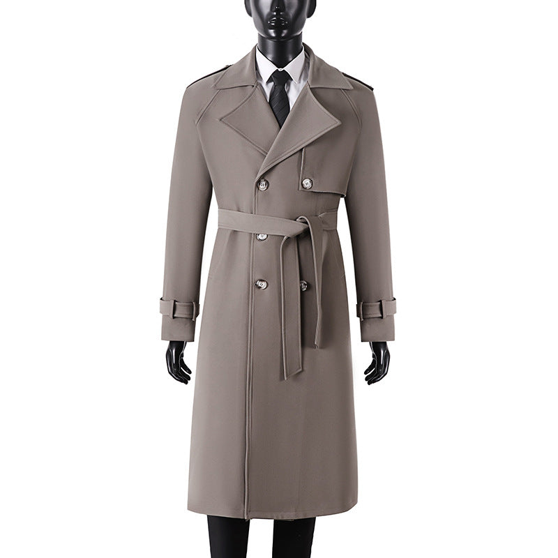 Herren Langer Minimalistischer Trenchcoat mit Sturmklappe Taillengürtel und verstellbaren Manschetten Drune