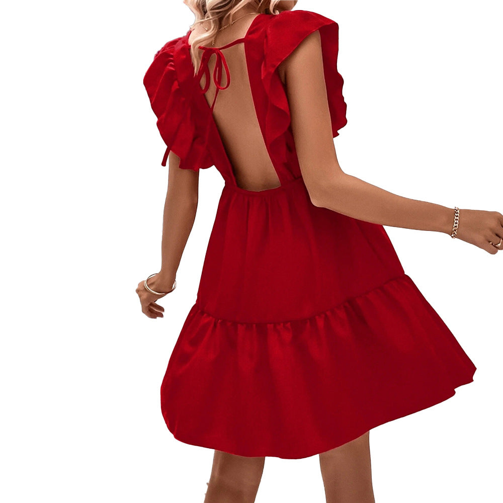 Damen Sommerliches Kleid mit Volantärmeln und offenem Rücken Drune