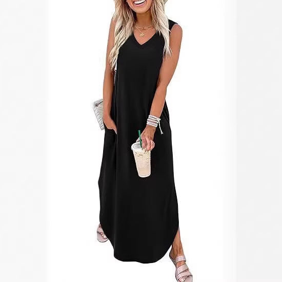 Damen Maxi-Kleid mit modernem V-Ausschnitt und praktischem Taschendesign Drune