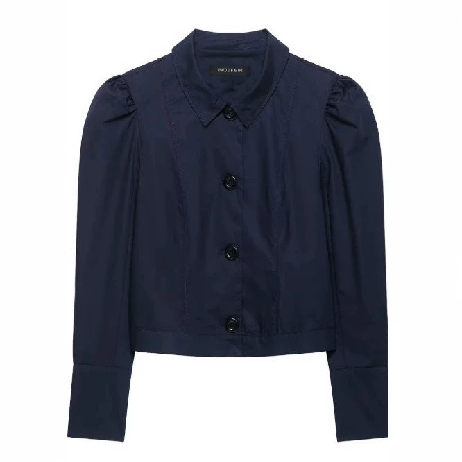 Damen Cropped Blousonjacke mit Puffärmeln, Hemdkragen und verlängerten Manschetten Drune