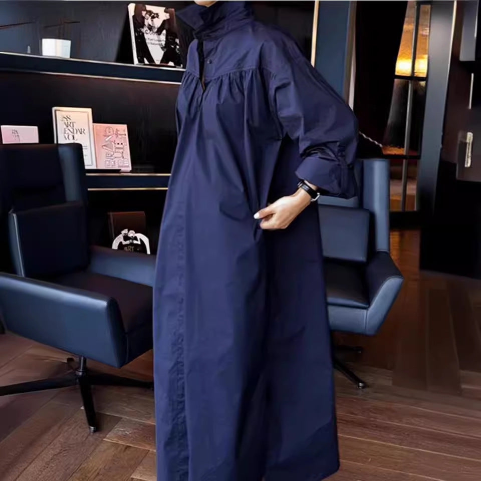 Damen Maxikleid im Oversize-Hemdstil mit Stehkragen, Schulterpasse und Eingrifftaschen Drune