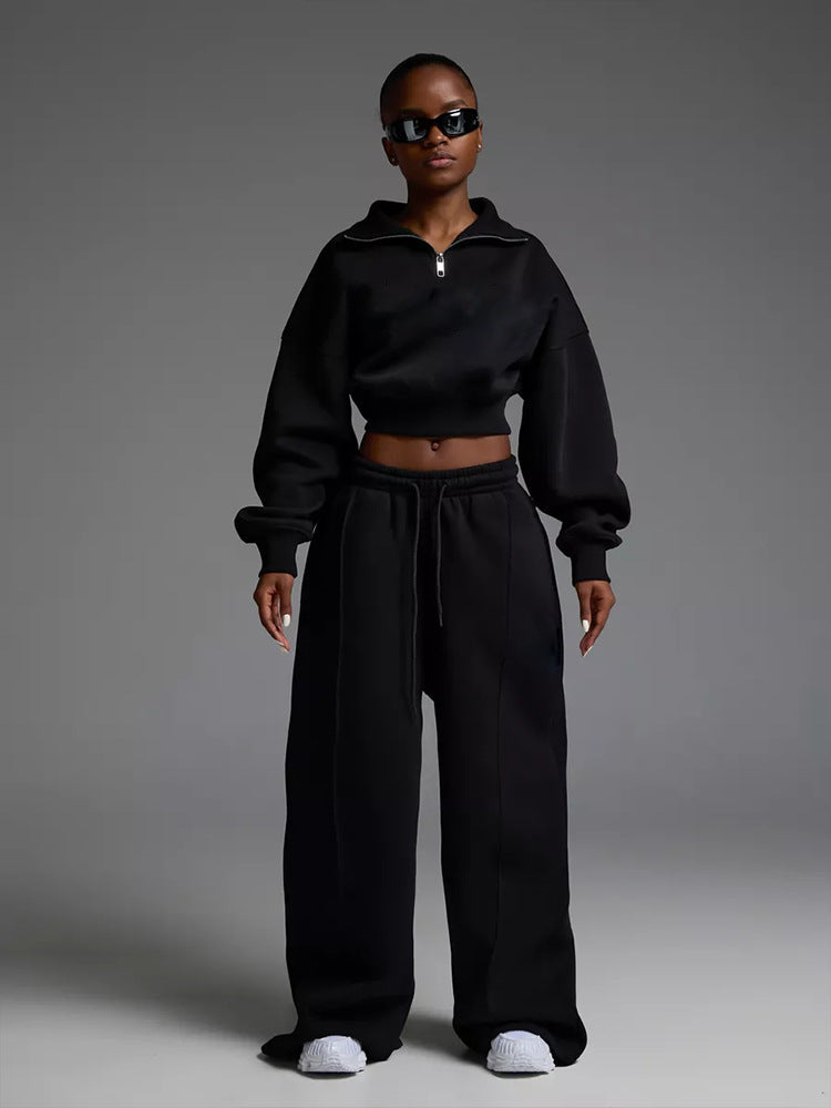 Damen kurzes Half-Zip Crop-Sweatshirt mit hoher Taille und weitem Sweatpants-Set Drune