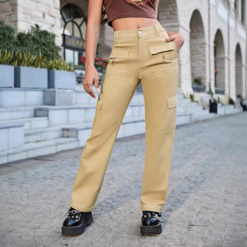 Damen weite Cargo-Hose mit hoher Taille und aufgesetzten Klappentaschen Drune