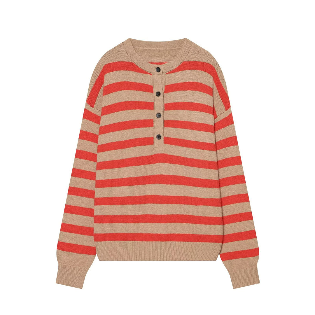 Damen Gestreifter Oversize-Strickpullover mit Henley-Knopfleiste Drune