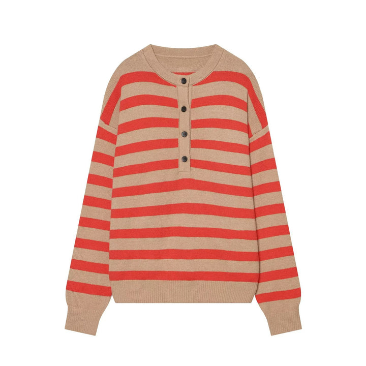 Damen Gestreifter Oversize-Strickpullover mit Henley-Knopfleiste Drune