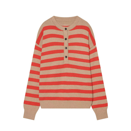 Damen Gestreifter Oversize-Strickpullover mit Henley-Knopfleiste Drune