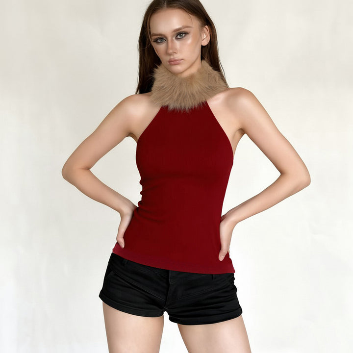 Damen elegantes langes Abendkleid mit raffiniertem Halter-Design und luxuriösem Kunstfellkragen Drune