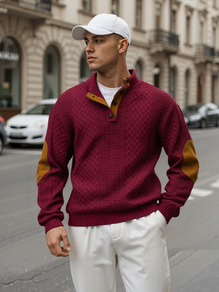 Herren Troyer-Pullover mit Stehkragen, strukturierter Strickoptik und Kontrast-Ellbogenpatches Drune