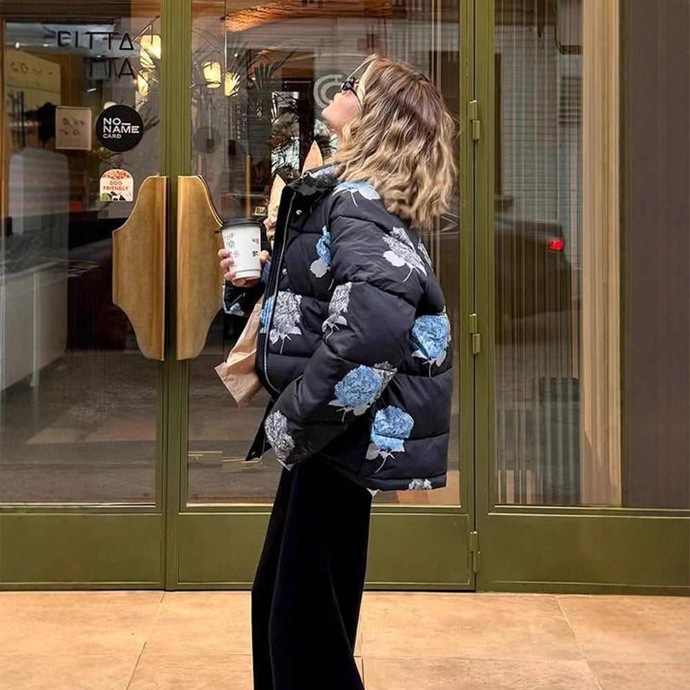 Damen Gepolsterte Oversize-Steppjacke mit Blumenprint und Kapuze Drune