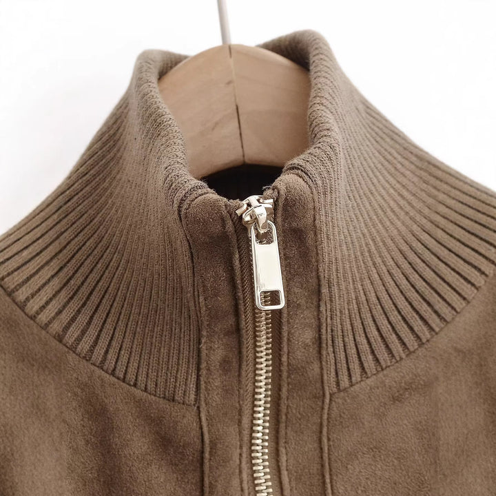 Damen Bomberjacke aus Wildlederoptik mit großen Pattentaschen und Rippbündchen Drune