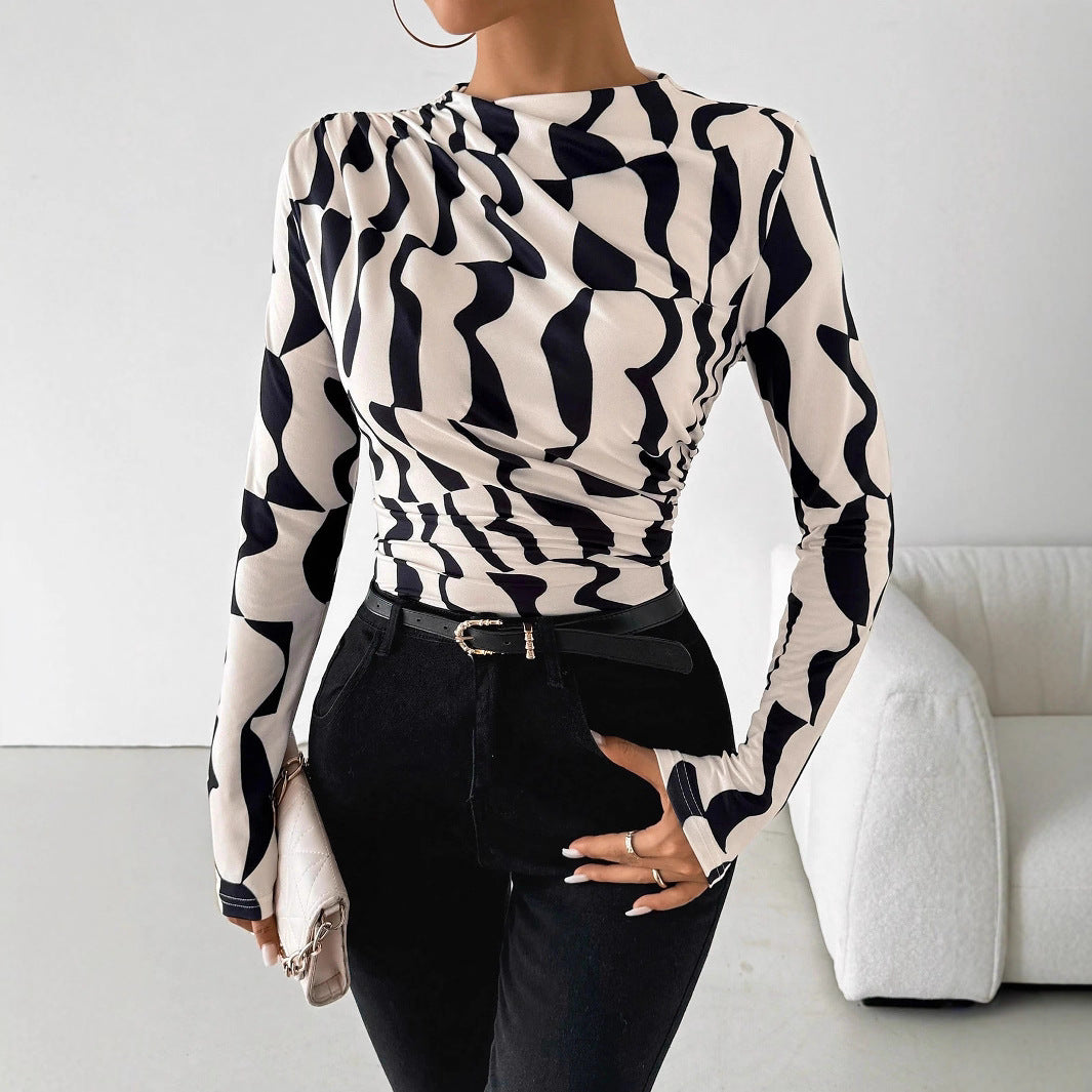 Damen nan tailliertes Langarmshirt mit seitlicher Raffung und Wasserfallausschnitt Drune