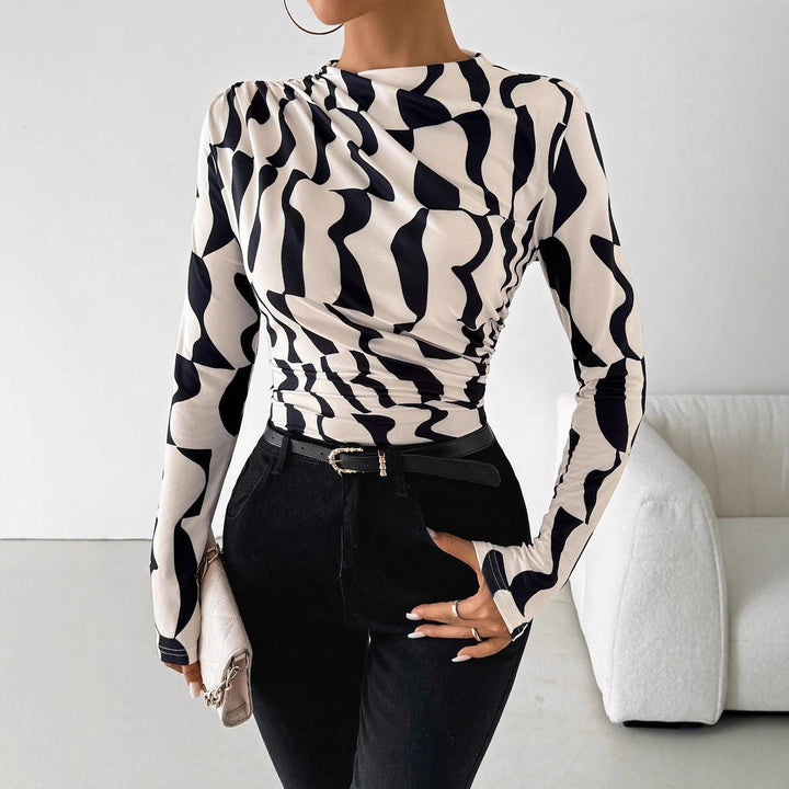 Damen nan tailliertes Langarmshirt mit seitlicher Raffung und Wasserfallausschnitt Drune