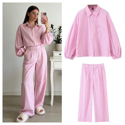 Damen Zweiteiliges gestreiftes Set mit Oversize-Hemd und High‑Waist-Plazzohose Drune