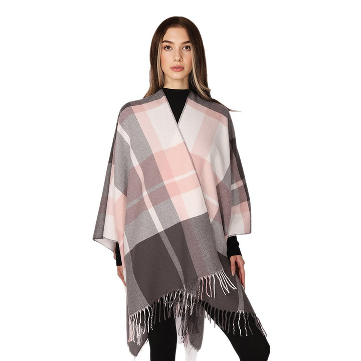 Damen Oversize-Karoponcho aus weichem Wollmix mit Fransensaum Drune