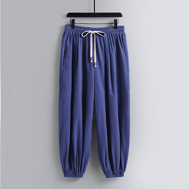 Damen weite Baumwoll-Leinen-Freizeithose mit Kordelzug und elastischen Knöchelbündchen Drune