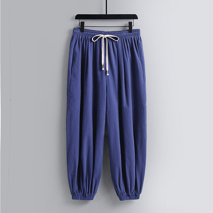 Damen weite Baumwoll-Leinen-Freizeithose mit Kordelzug und elastischen Knöchelbündchen Drune