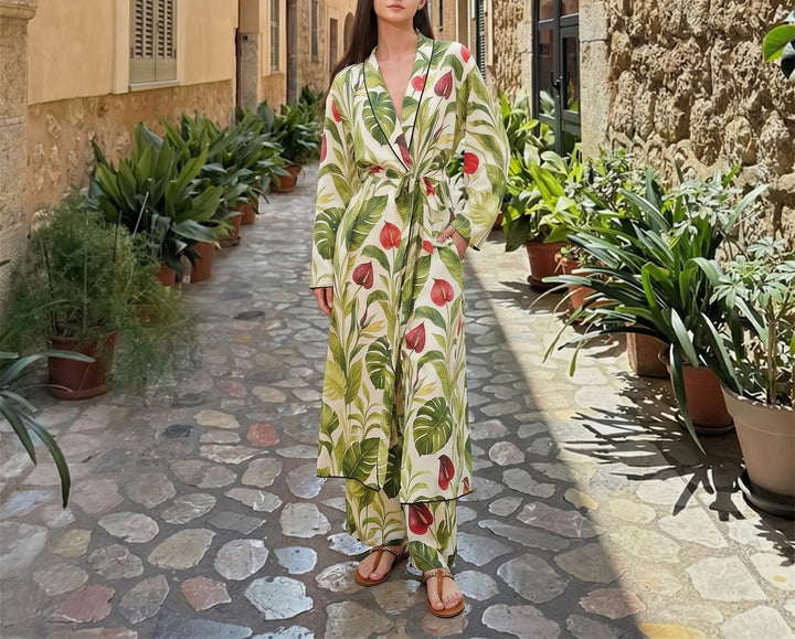 Damen Langer Kimono-Mantel mit Taillengürtel und weiter Palazzo-Hose im Tropenprint Drune