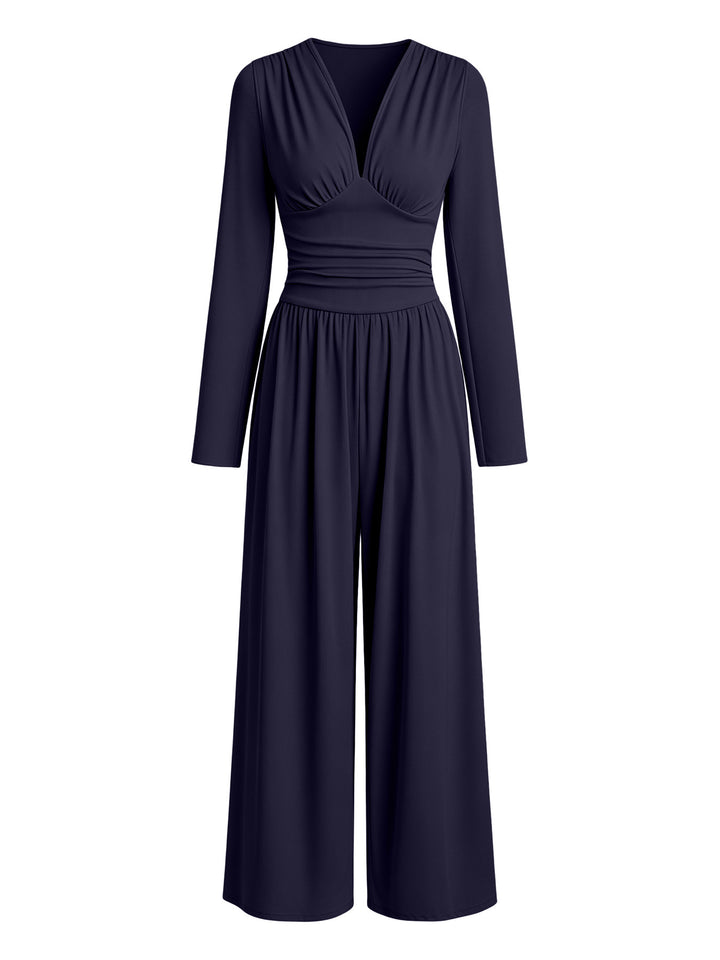 Damen Eleganter V‑Ausschnitt Jumpsuit mit tailliertem Wickelbund und weitem Hosenbein Drune
