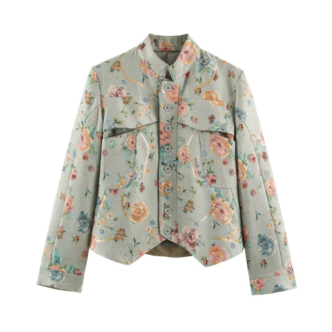 Damen geblümte Jacquard‑Kurzjacke mit Stehkragen, Pattentaschen und Paillettenbesatz Drune