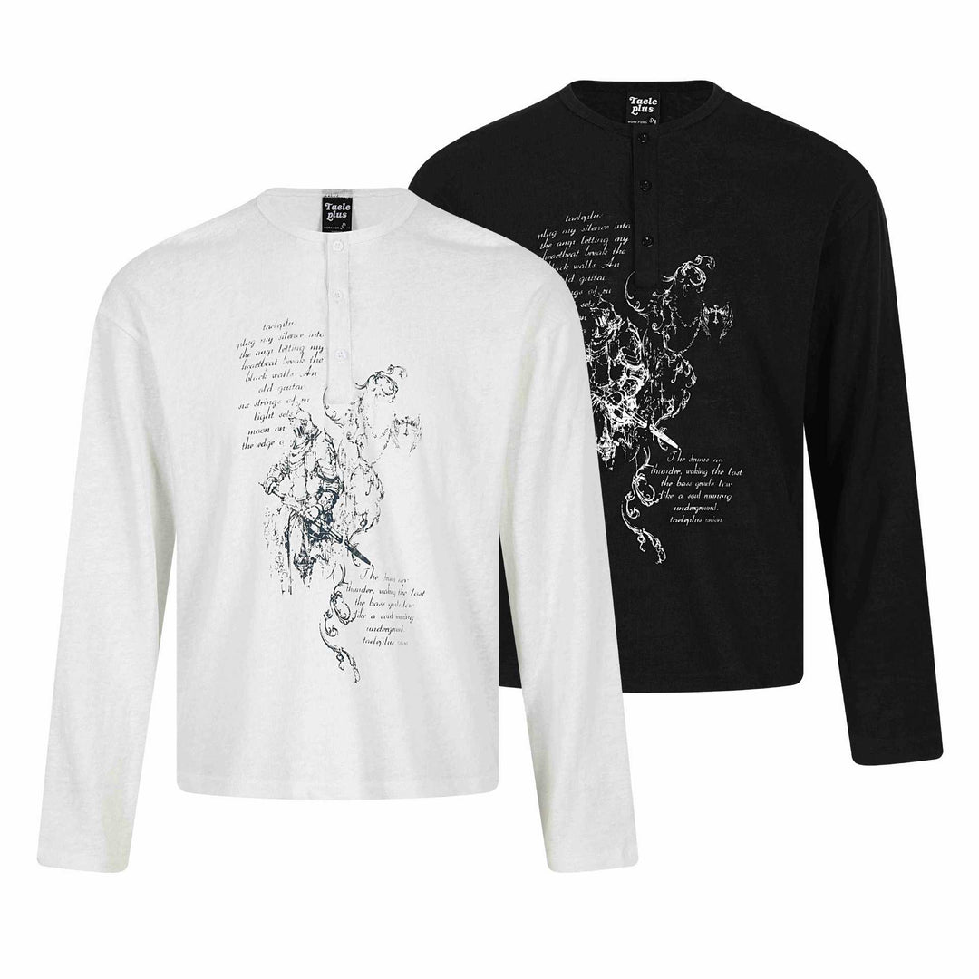 Unisex Langärmeliges Henley-Shirt mit knöpfbarer Brustleiste und Vintage-Illustrationsprint Drune