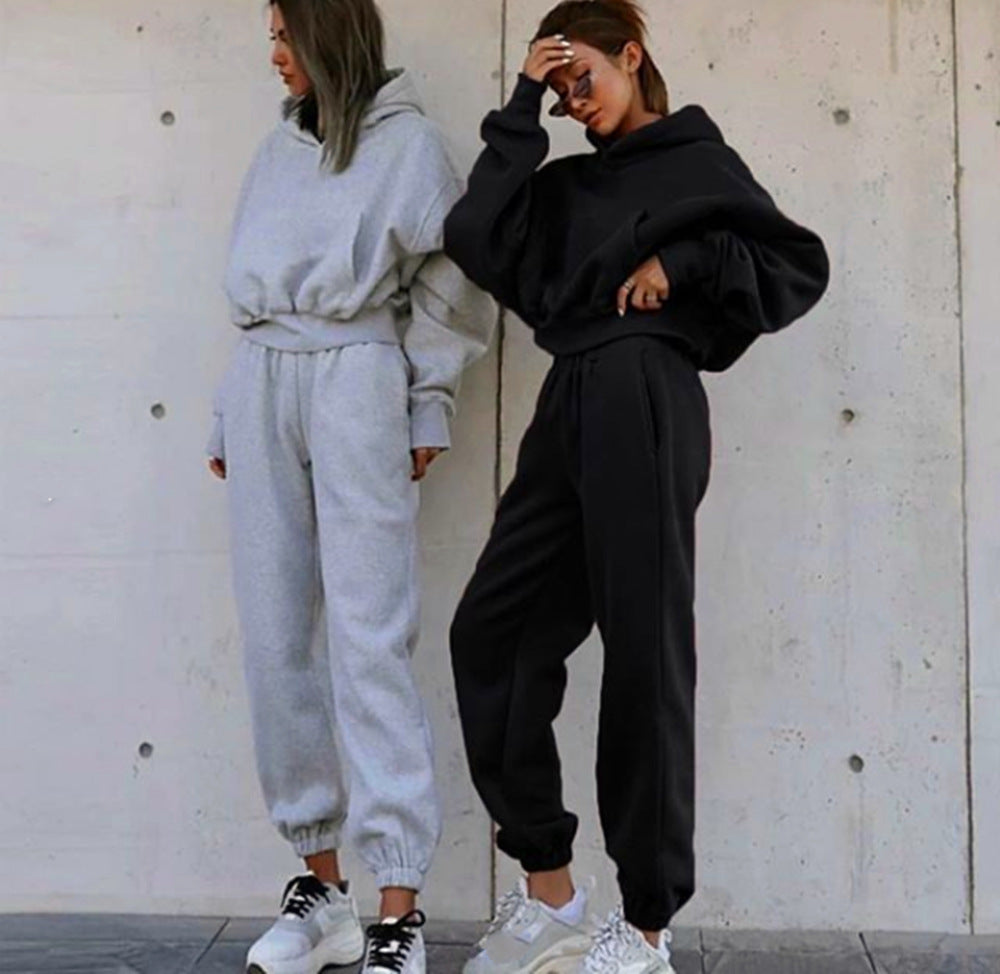 Damen kurzes Oversize-Kapuzenpullover-Set mit elastischer High-Waist-Jogginghose aus Baumwollfleece Drune
