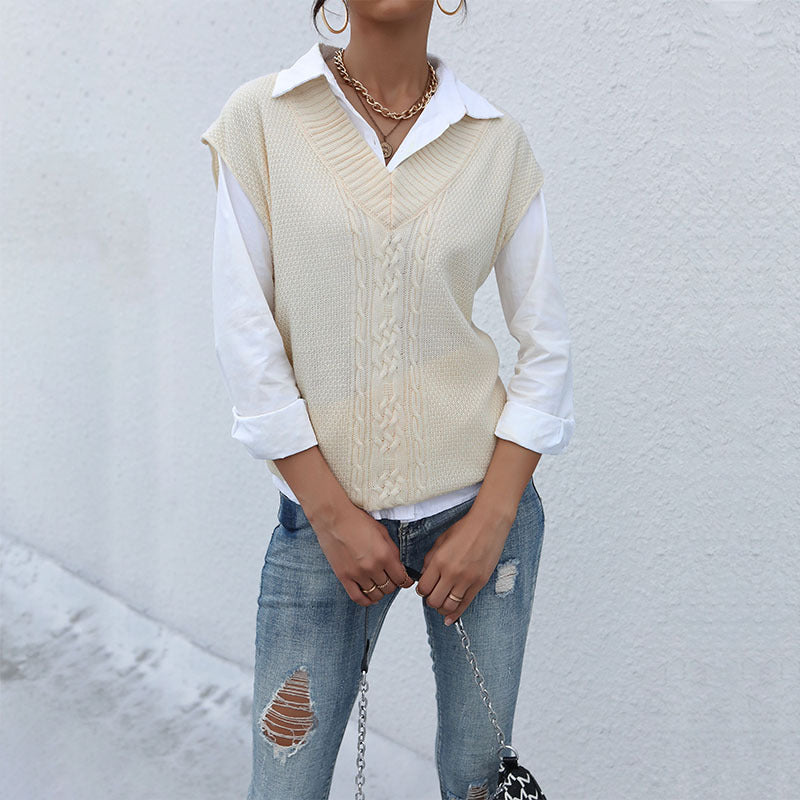 Damen Langer Strickpullunder mit Zopfmuster und V‑Ausschnitt Drune
