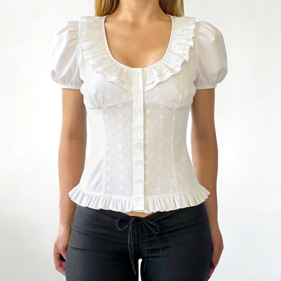 Damen Rüschenbluse mit floralem Einsatz und femininem Schnitt Drune