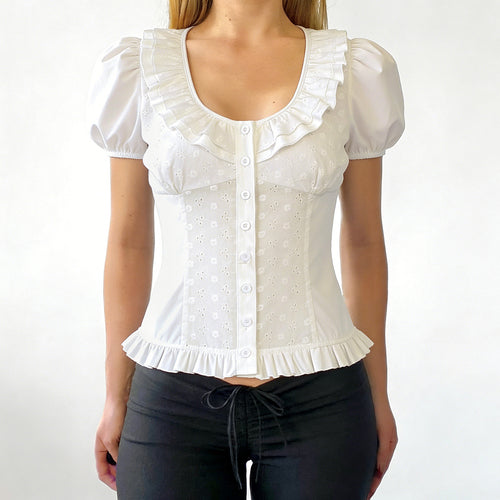 Damen Rüschenbluse mit floralem Einsatz und femininem Schnitt Drune