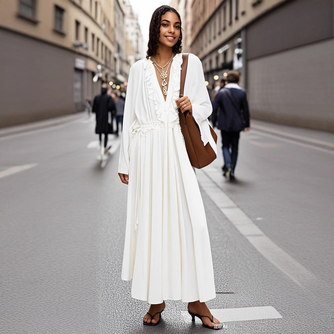 Damen Maxikleid mit Volants, Bindekragen und weitem Glockenärmel Drune