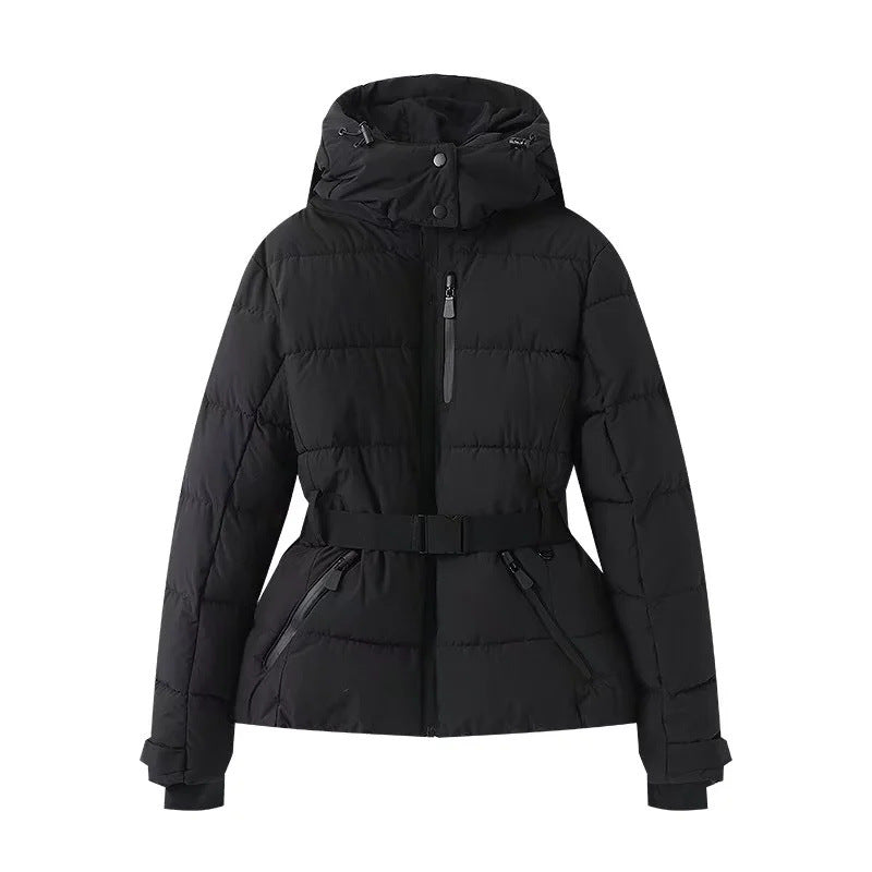 Damen 100+ gesteppte Ski- und Winterjacke mit Kapuze, Taillengürtel & wasserdichten Reißverschlüssen Drune