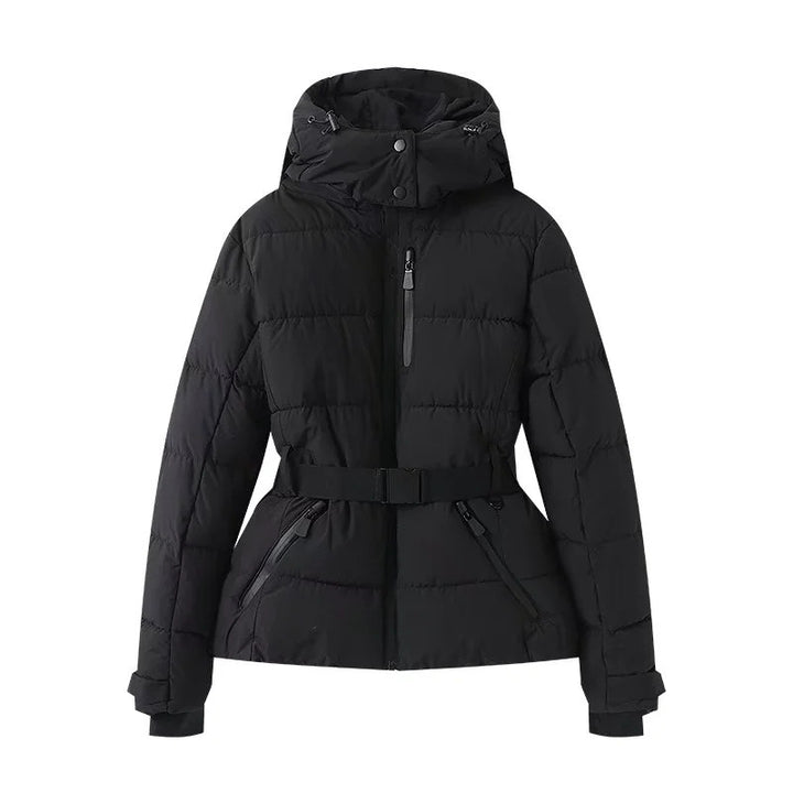 Damen 100+ gesteppte Ski- und Winterjacke mit Kapuze, Taillengürtel & wasserdichten Reißverschlüssen Drune