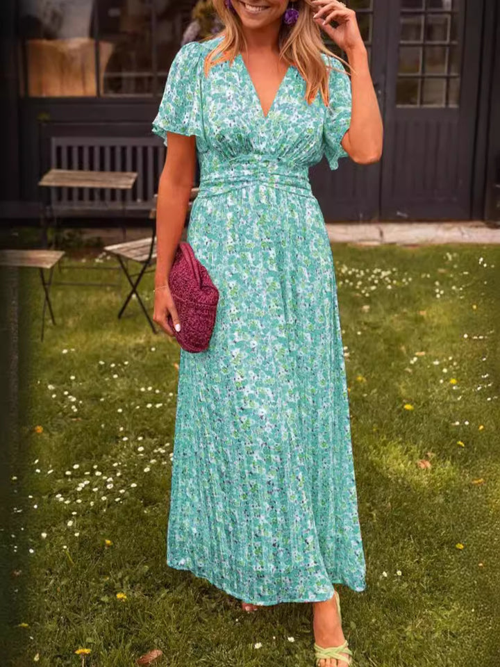 Damen Maxikleid mit elegantem Blumenmuster und tiefem V-Ausschnitt Drune