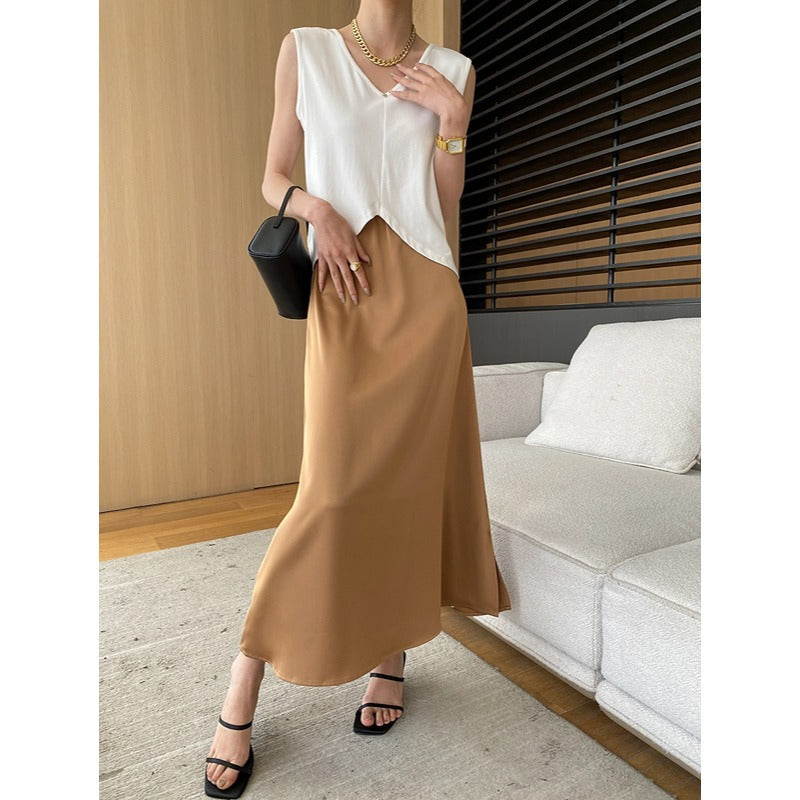 Damen elegantes V-Ausschnitt Top mit schwingendem Midirock Drune