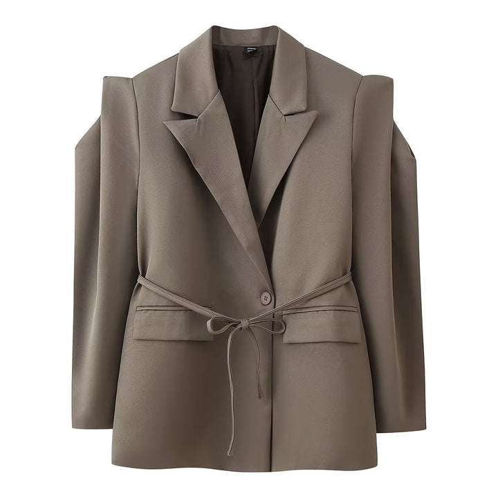 Damen Blazer mit Schulter-Cutouts, Taillengürtel und Ein-Knopf-Verschluss Drune