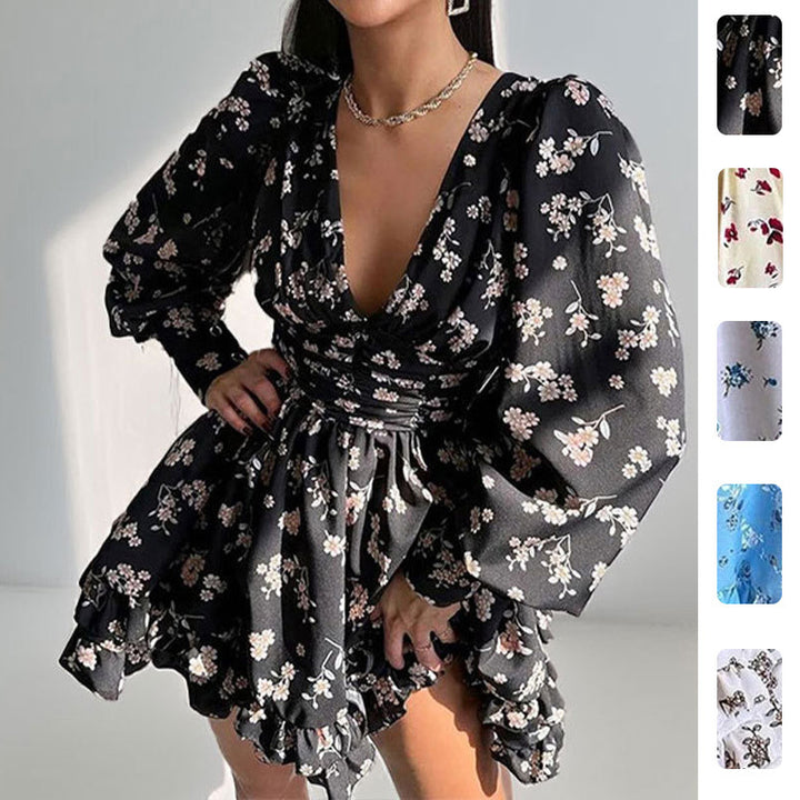Damen Verspieltes Blumenkleid mit voluminösen Ärmeln und gerafftem Rock Drune