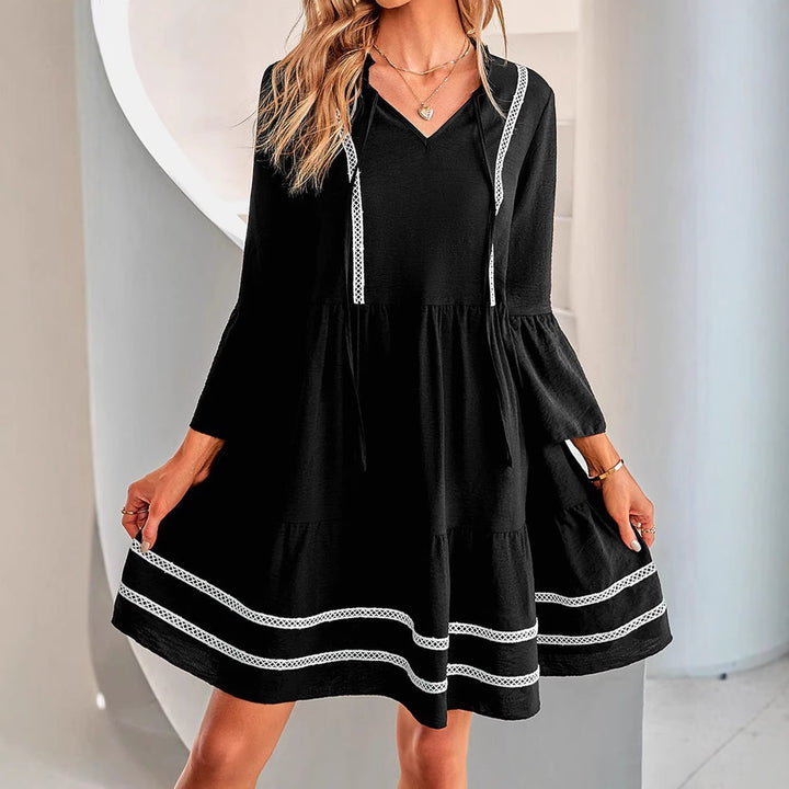 Damen Stufiges Tunika-Kleid mit V-Ausschnitt, Kordelzug und Glockenärmeln Drune