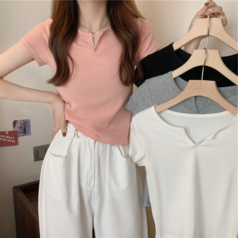 Damen Kurzarm T-Shirt mit elegantem V-Ausschnitt und modischem Detail Drune