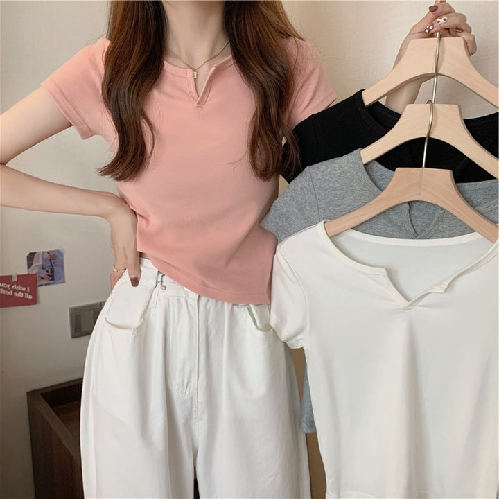 Damen Kurzarm T-Shirt mit elegantem V-Ausschnitt und modischem Detail Drune