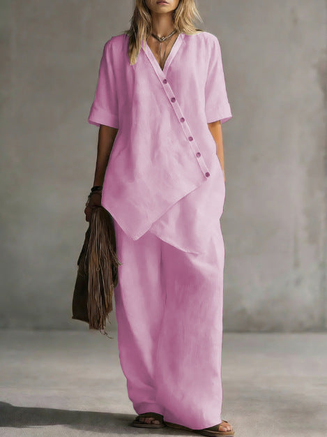 Damen Leinen-Zweiteiler mit asymmetrischer Knopfleiste und weiter Palazzo-Hose Drune