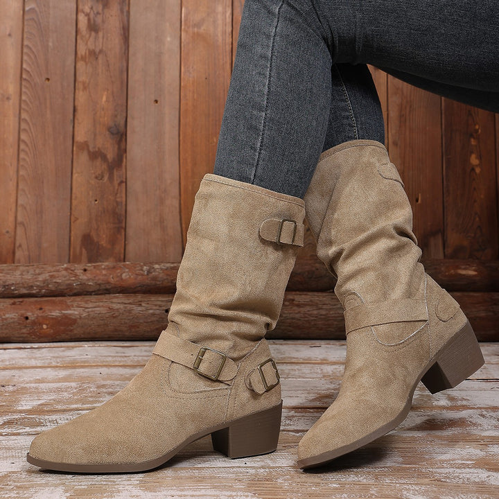 Damen Stiefeletten mit mittelhohem Blockabsatz und lässigem Slouch-Schaft Drune