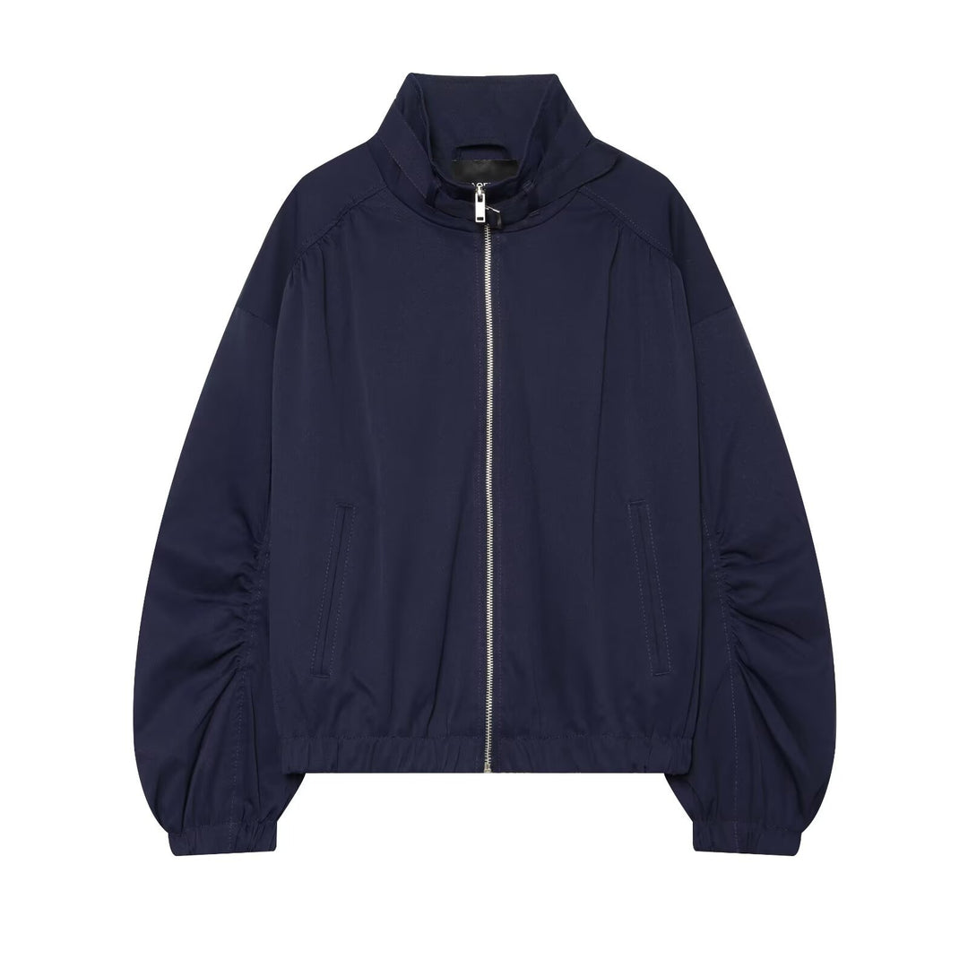 Damen Kurzer Nylon-Blouson mit hohem Stehkragen und gerafften Ballonärmeln Drune
