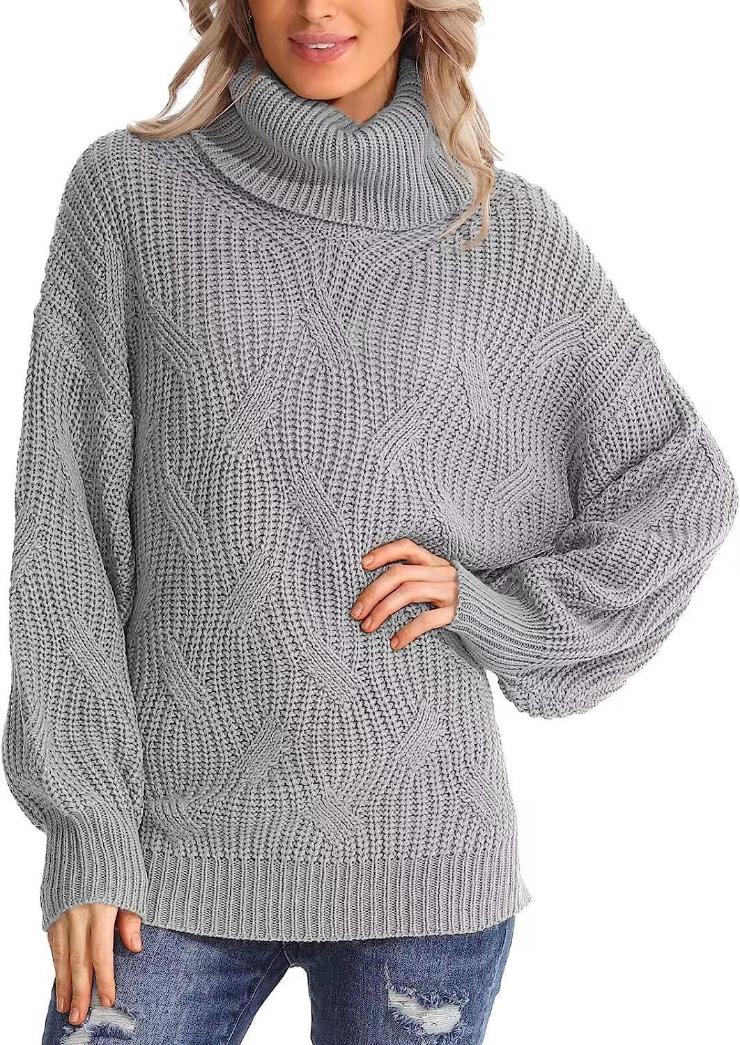 Damen Weicher Strickpullover mit hohem Kragen und Kabelmuster Drune