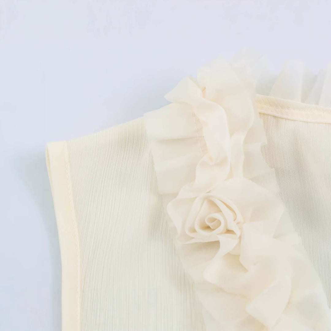 Damen Ärmellose Bluse mit tiefem V-Ausschnitt, Volantrüschen und Zierrosen Drune