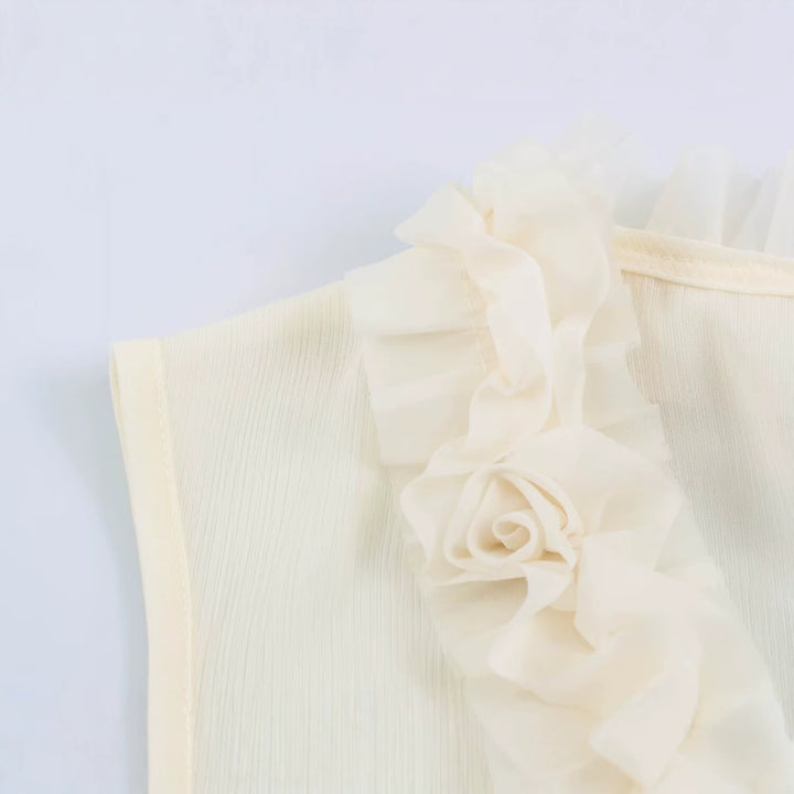 Damen Ärmellose Bluse mit tiefem V-Ausschnitt, Volantrüschen und Zierrosen Drune