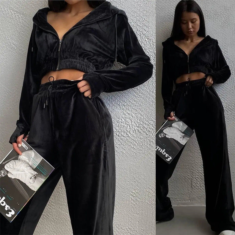 Damen Samt-Loungewear-Set mit Cropped Zip-Kapuzenjacke und weiter Palazzohose Drune