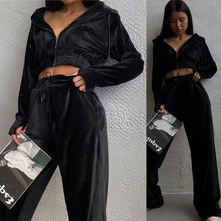 Damen Samt-Loungewear-Set mit Cropped Zip-Kapuzenjacke und weiter Palazzohose Drune