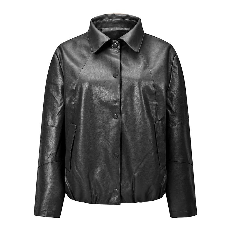 Damen Kurz geschnittene Kunstleder‑Blousonjacke mit Druckknopffront, Hemdkragen & elastischem Saum Drune