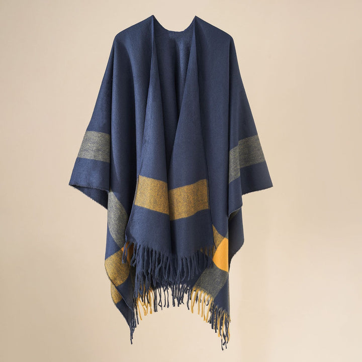 Damen Wollmix-Poncho mit Karomuster und Fransen Drune