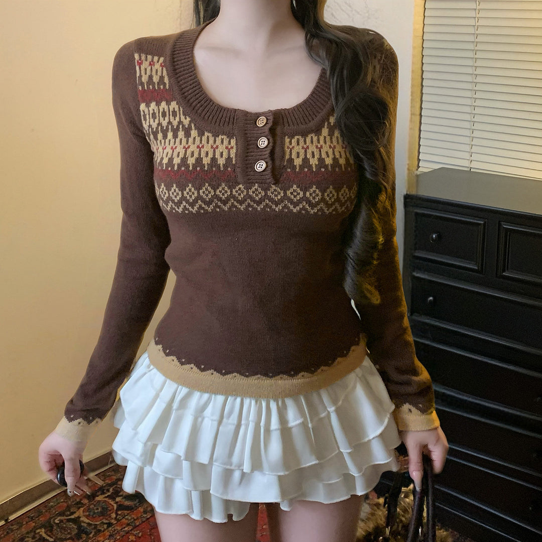 Damen nan kurzes Feinstrick V‑Pullover mit floralem Intarsienmotiv und ausgestellten Trompetenärmeln Drune